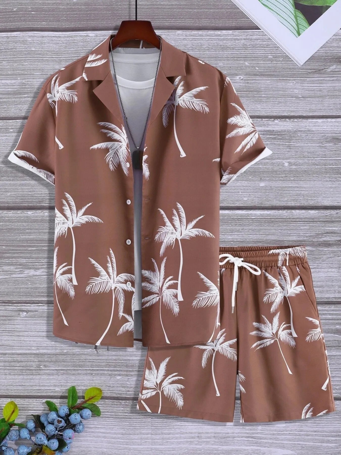 Palm Print Button Up Shirt and Shorts Set