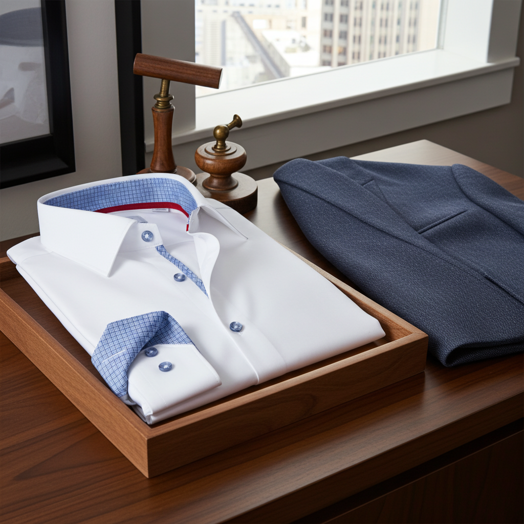 Cotton Knit-Stretch Button-Up Shirt With • White with blue accents