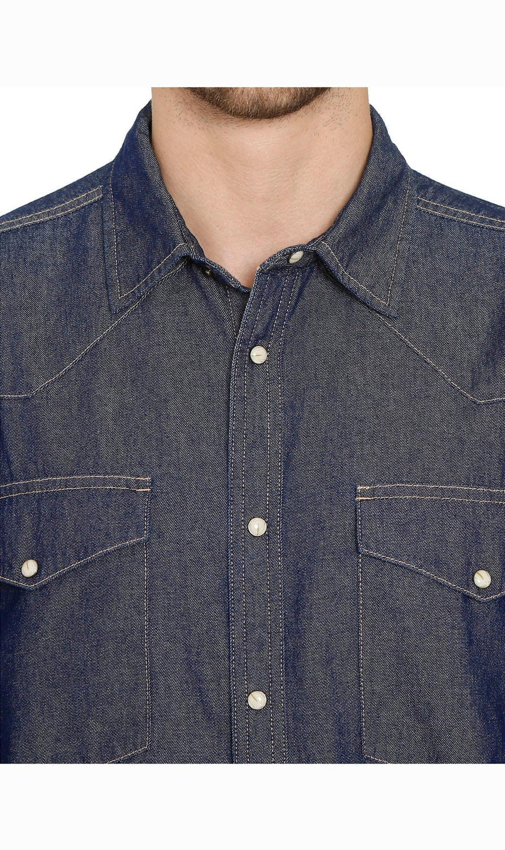 Denim Button Up Shirt with a Stitched Yoke and Chest Pockets