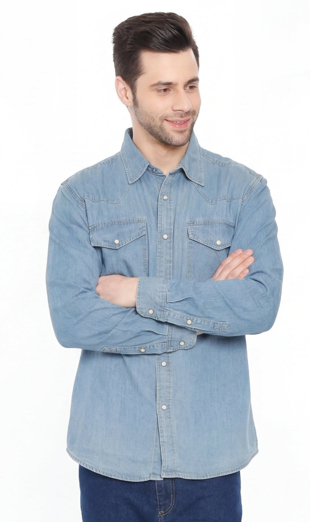 Denim Button Up Shirt with a Stitched Yoke and Chest Pockets