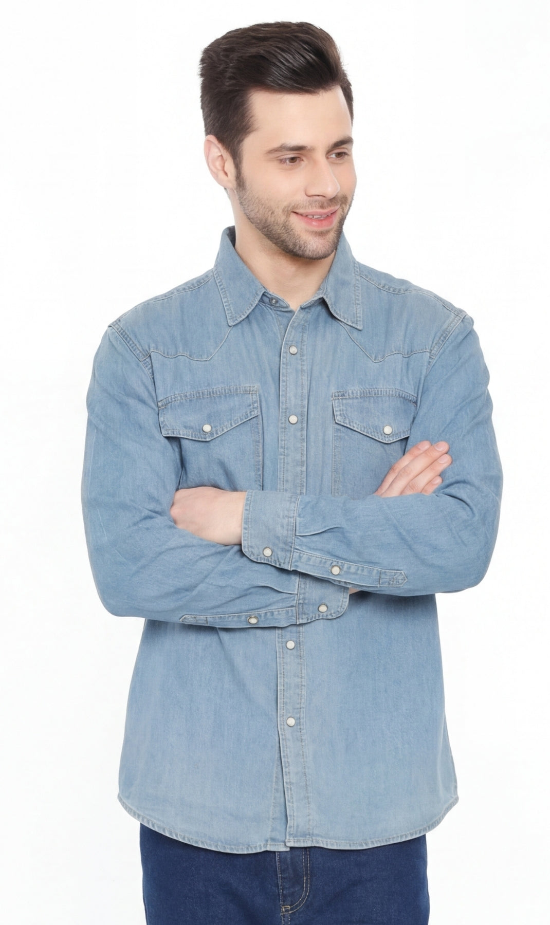 Denim Button Up Shirt with a Stitched Yoke and Chest Pockets