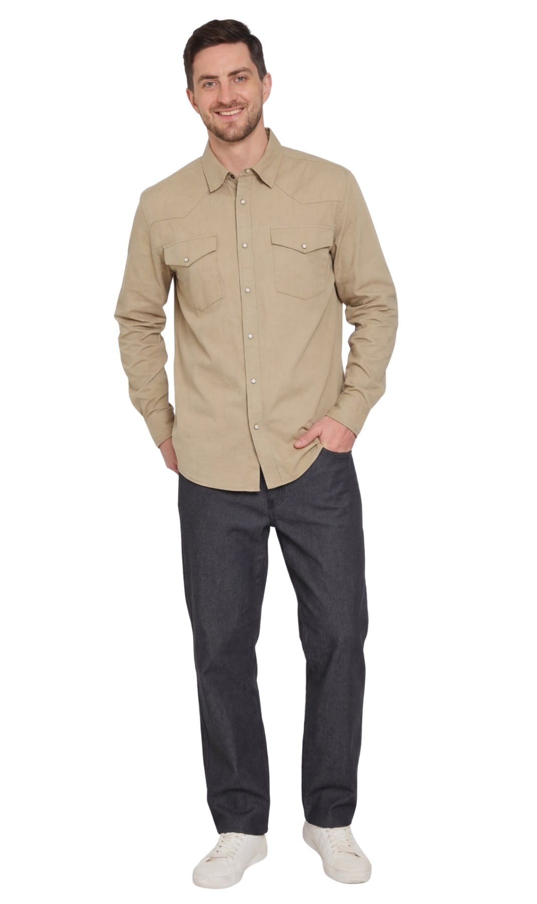 Denim Button Up Shirt with a Stitched Yoke and Chest Pockets