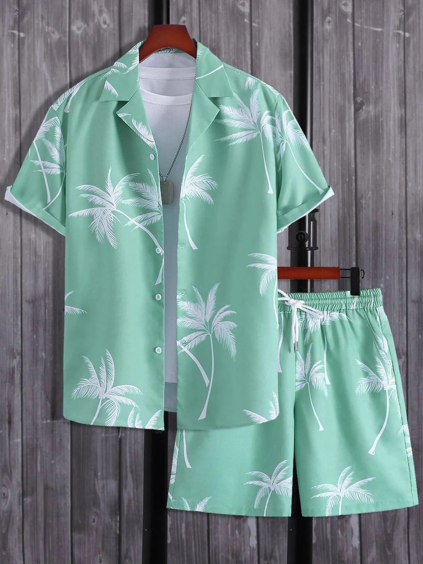 Palm Print Button Up Shirt and Shorts Set