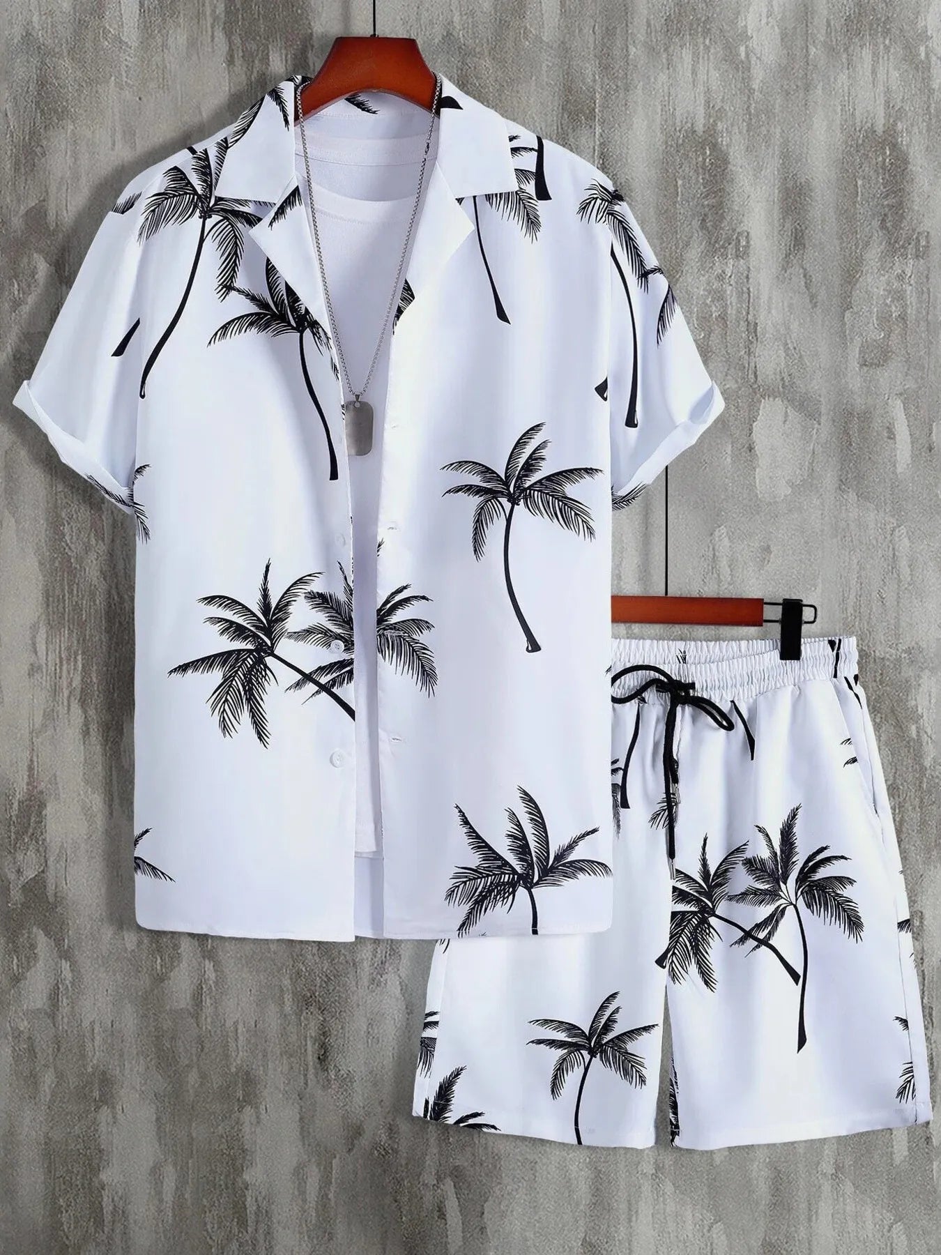 Palm Print Button Up Shirt and Shorts Set