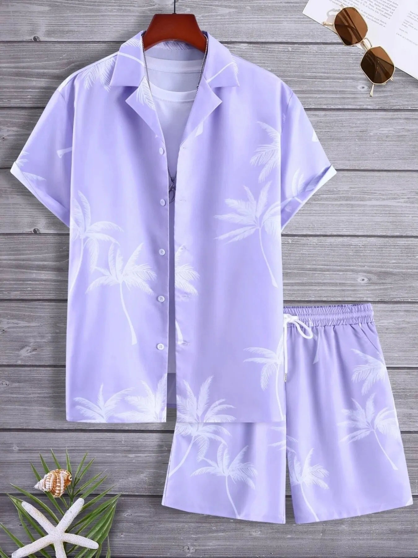 Palm Print Button Up Shirt and Shorts Set