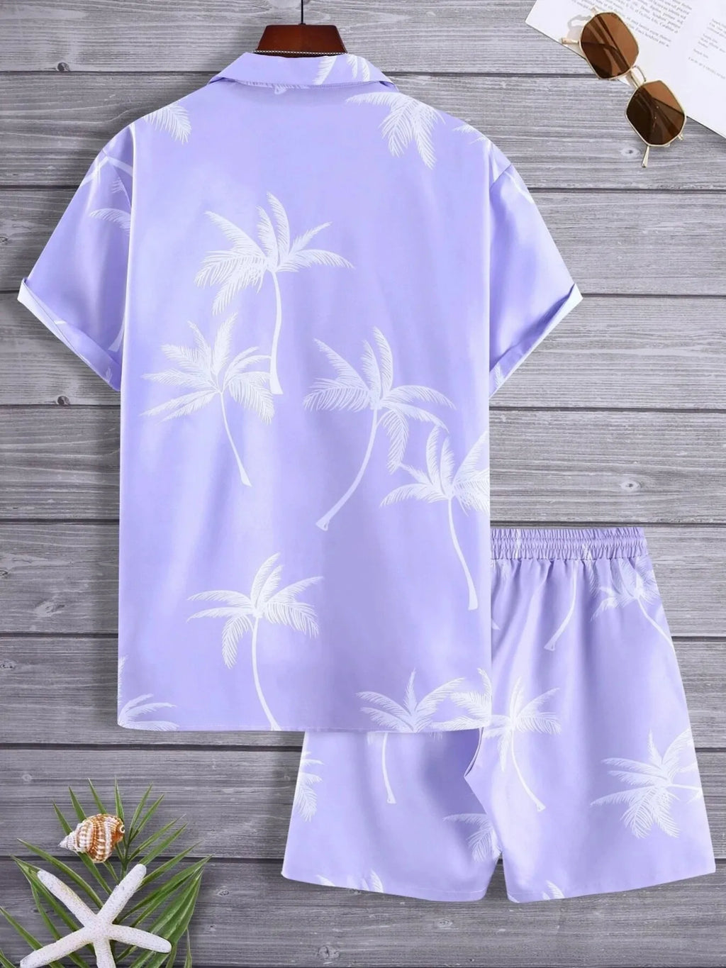 Palm Print Button Up Shirt and Shorts Set