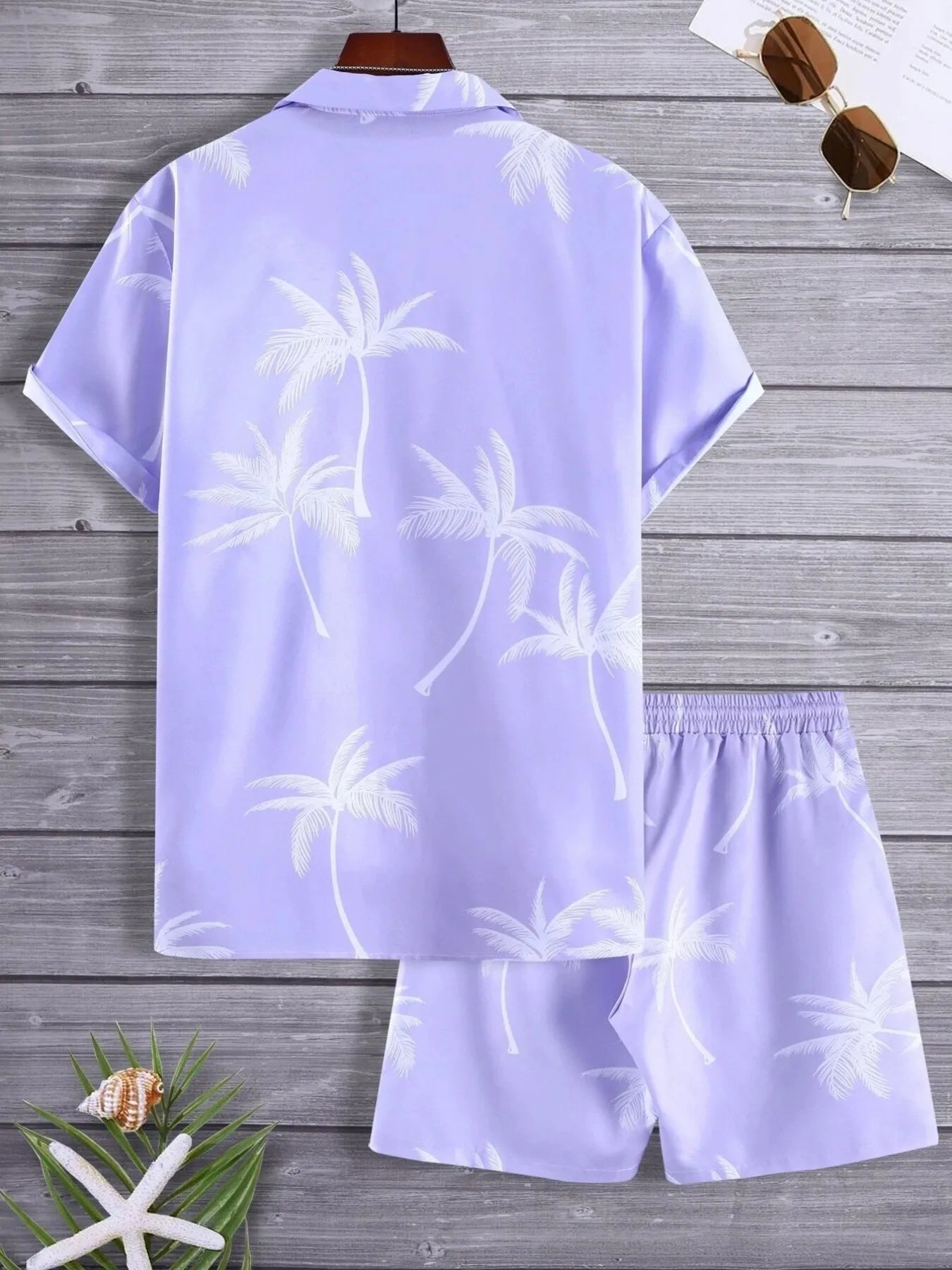 Palm Print Button Up Shirt and Shorts Set