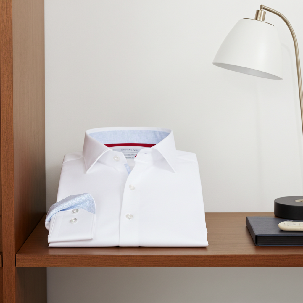 Cotton Knit-Stretch Button-Up Shirt • White • Diamond Blue accents