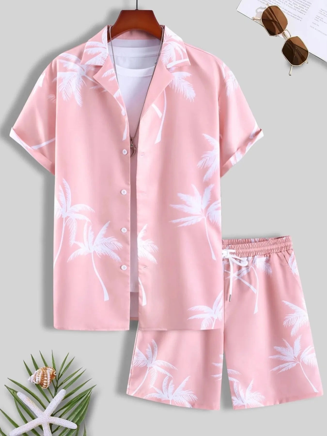 Palm Print Button Up Shirt and Shorts Set