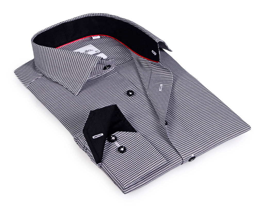 Long Sleeve Shirt with contract trimming • Black and White checkered pattern