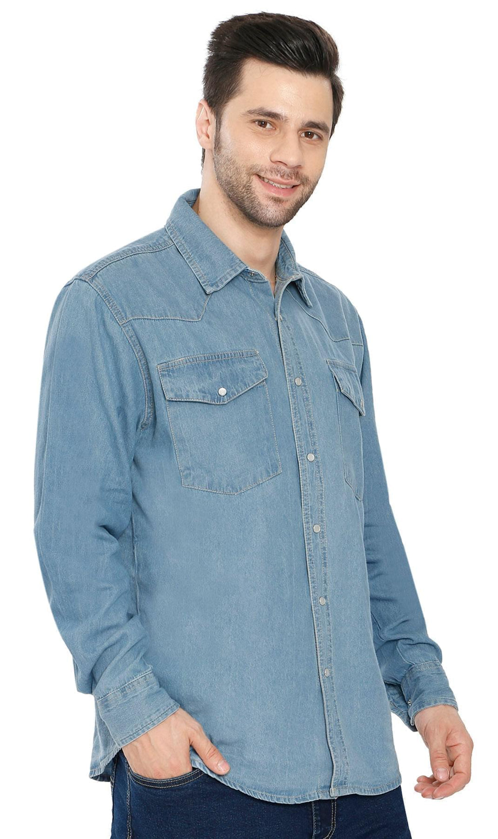 Denim Button Up Shirt with a Stitched Yoke and Chest Pockets