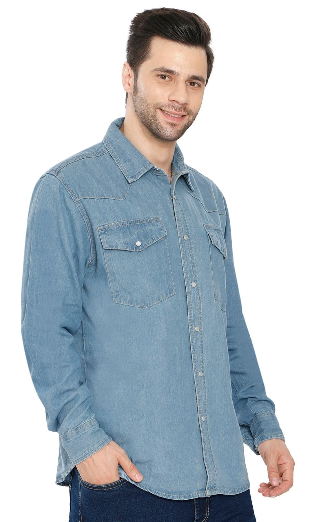 Denim Button Up Shirt with a Stitched Yoke and Chest Pockets