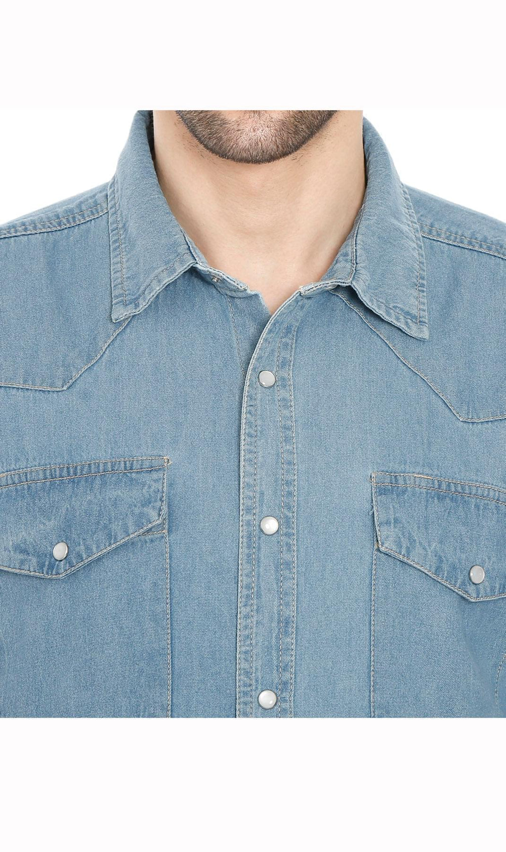 Denim Button Up Shirt with a Stitched Yoke and Chest Pockets