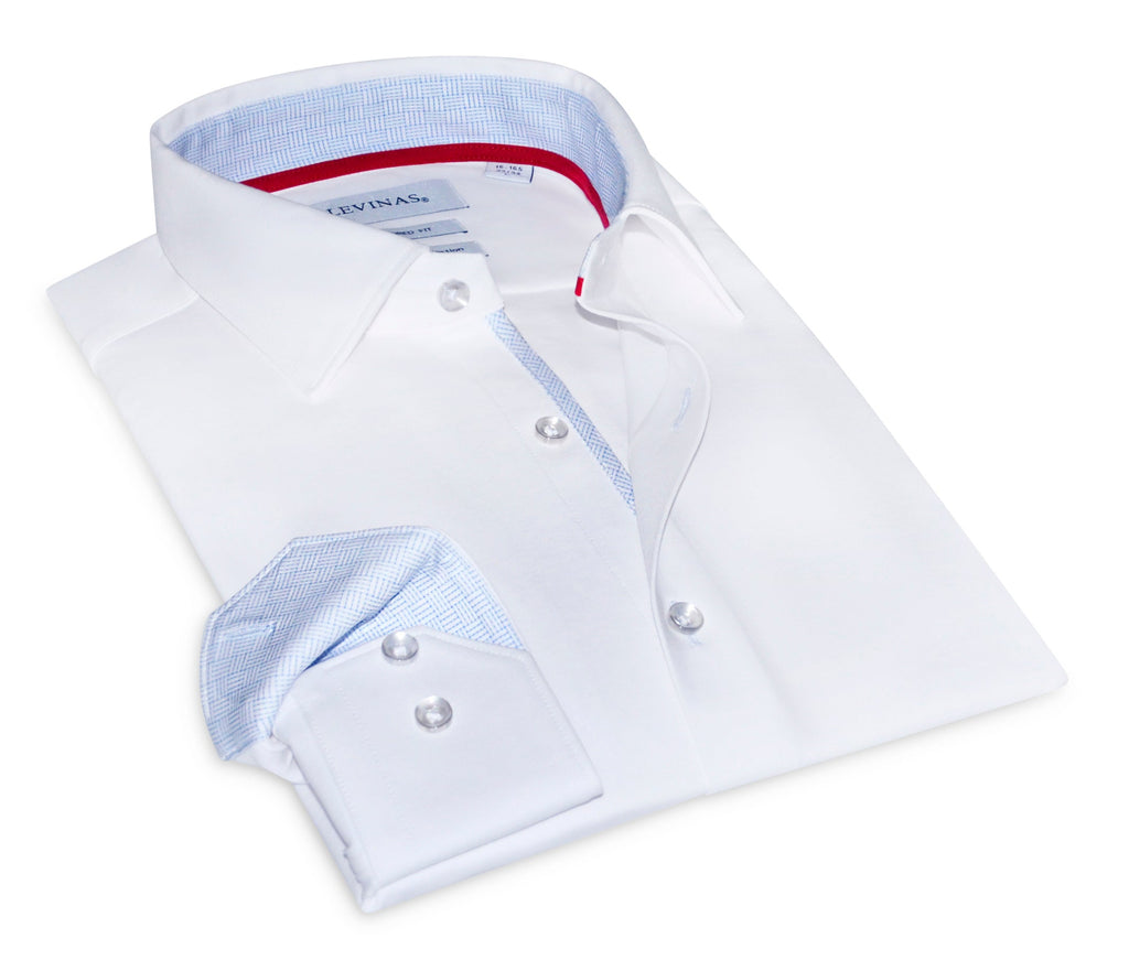 Cotton Knit-Stretch Button-Up Shirt • White • Diamond Blue accents