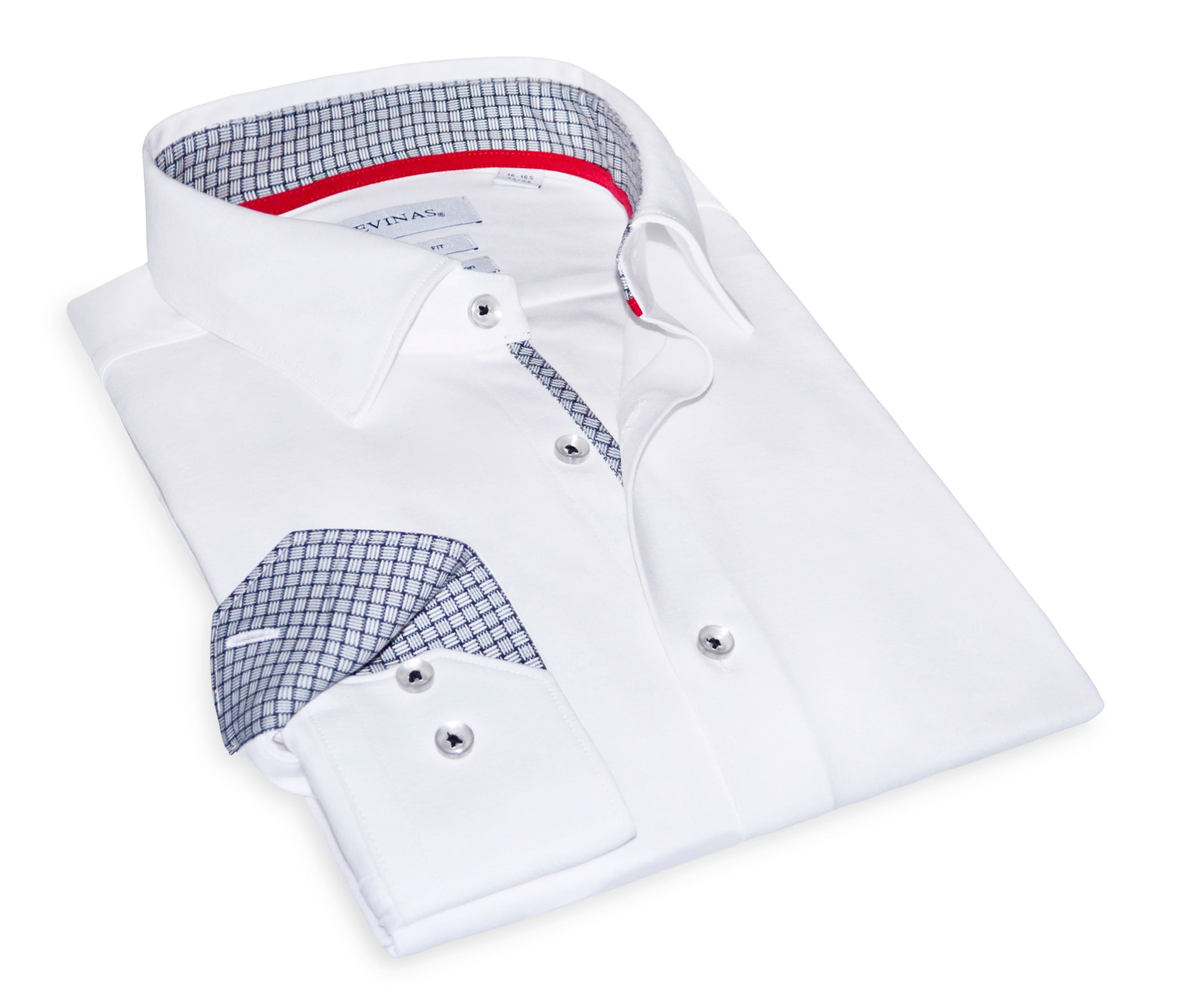 Cotton Knit-Stretch Button-Up Shirt • White • Black and White checkered accents