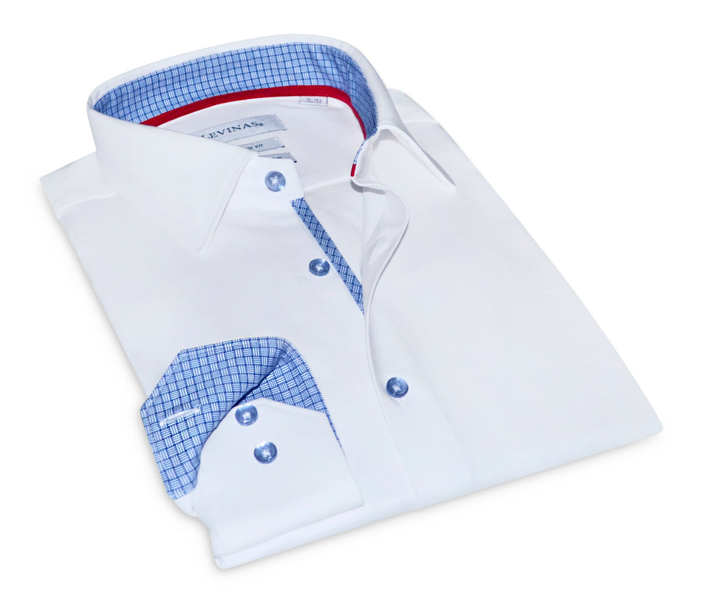 Cotton Knit-Stretch Button-Up Shirt With • White with blue accents