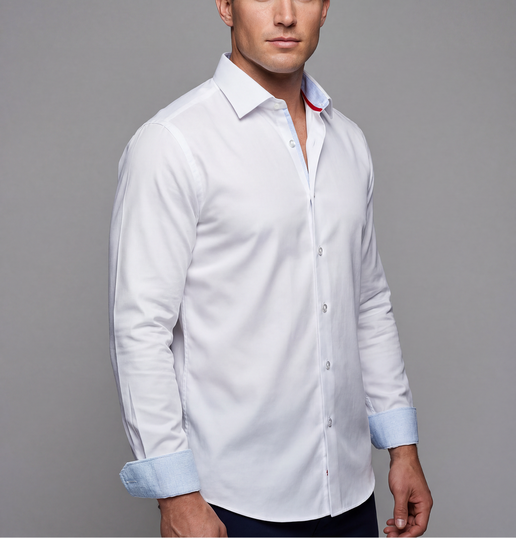 Cotton Knit-Stretch Button-Up Shirt • White • Diamond Blue accents