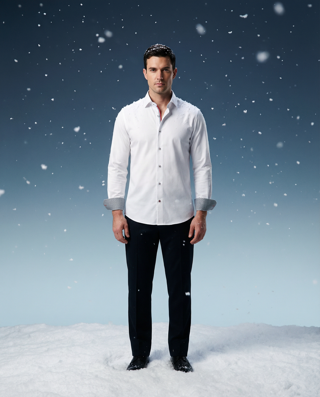 Cotton Knit-Stretch Button-Up Shirt • White • Black and White checkered accents