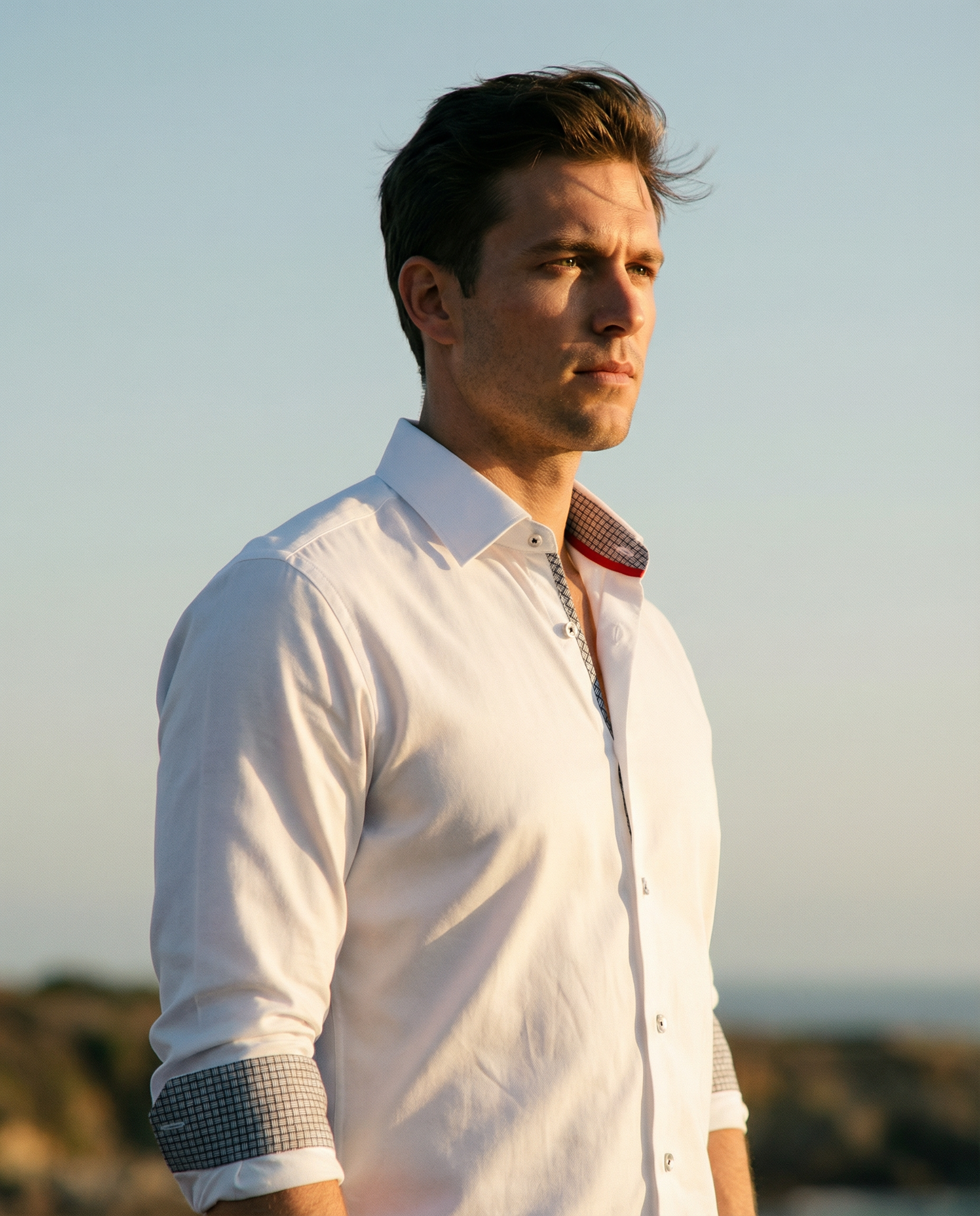 Cotton Knit-Stretch Button-Up Shirt • White • Black and White checkered accents