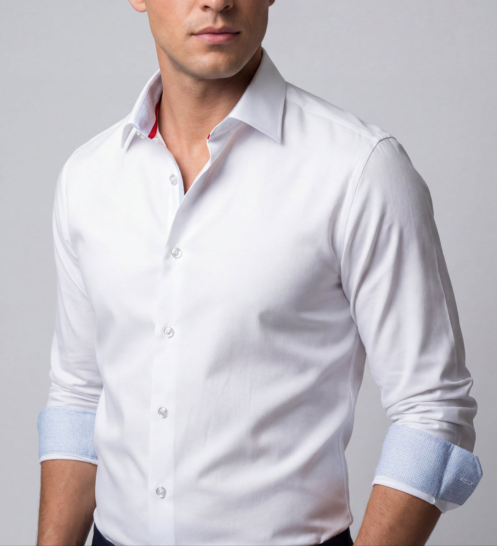 Cotton Knit-Stretch Button-Up Shirt • White • Diamond Blue accents