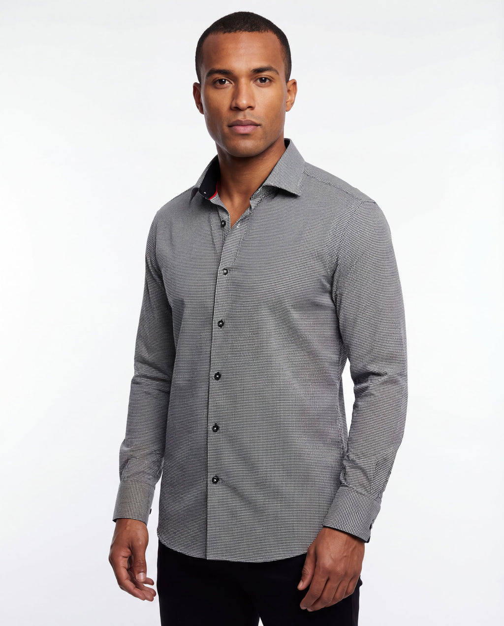 Long Sleeve Shirt with contract trimming • Black and White checkered pattern