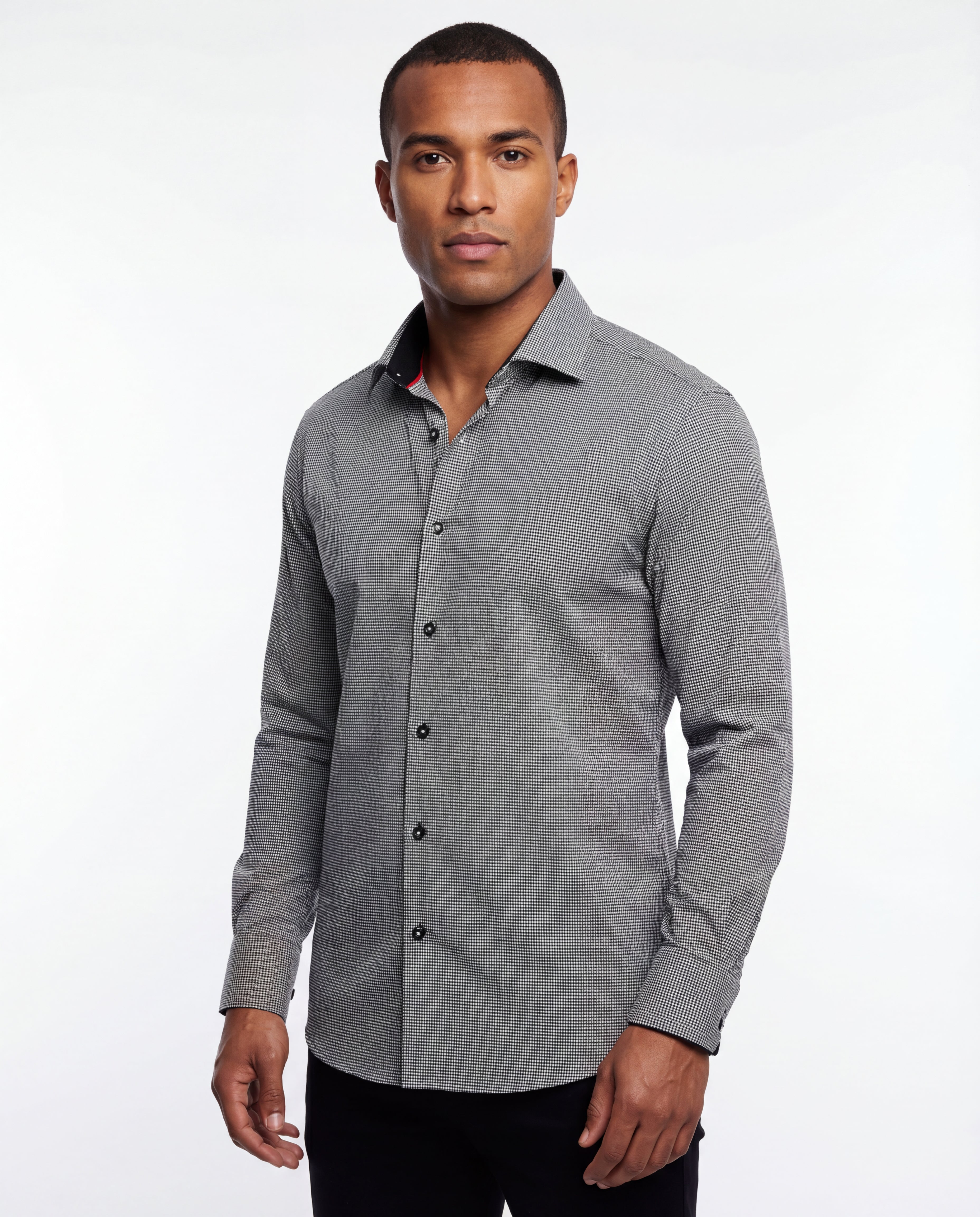 Long Sleeve Shirt with contract trimming • Black and White checkered pattern