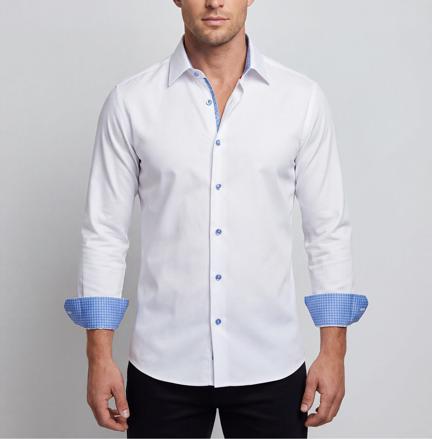 Cotton Knit-Stretch Button-Up Shirt With • White with blue accents