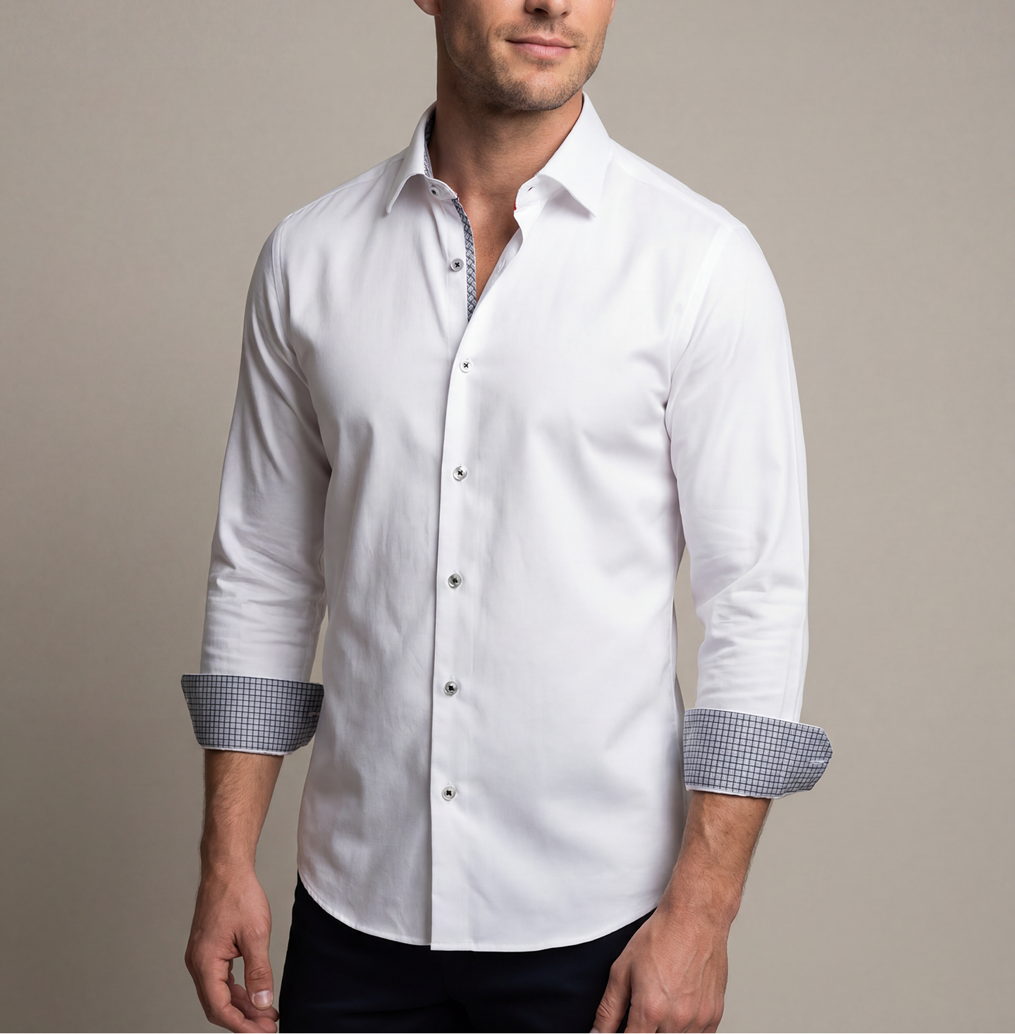 Cotton Knit-Stretch Button-Up Shirt • White • Black and White checkered accents